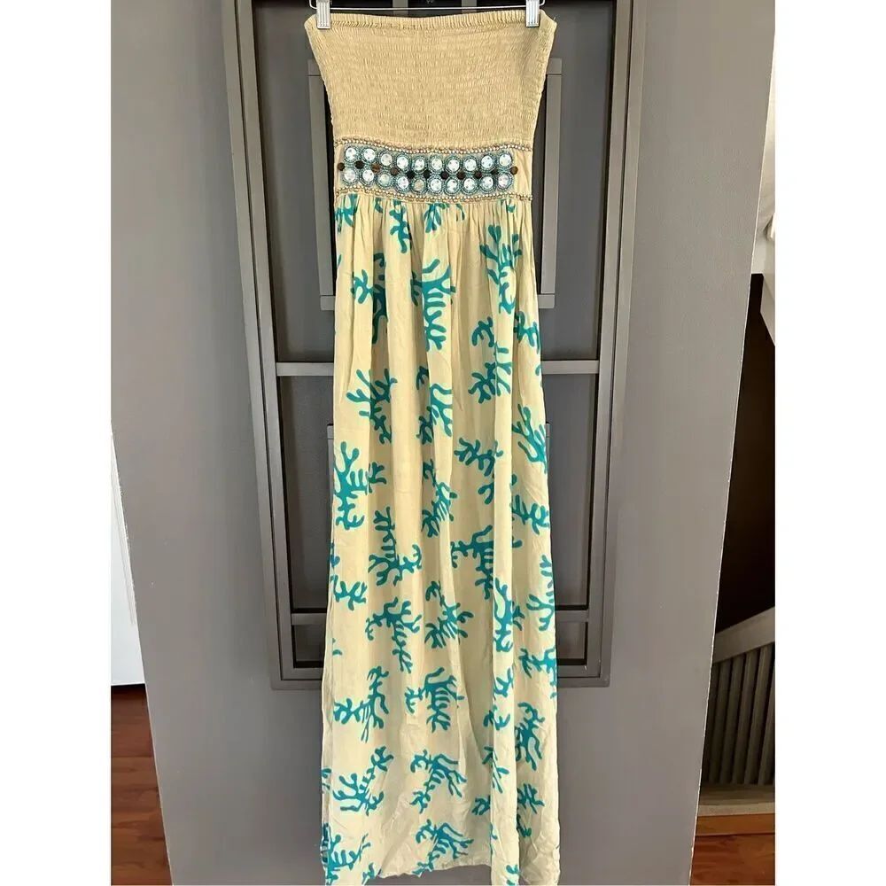 Skemo tan turquoise beaded bodice maxi dress for tall women strapless M